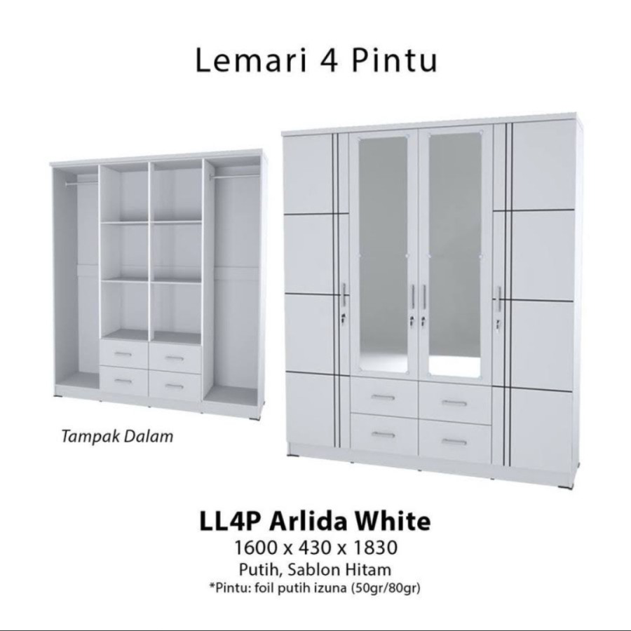 lemari pakaian lemari baju 4 pintu putih minimalis laci LL4P GSTAR